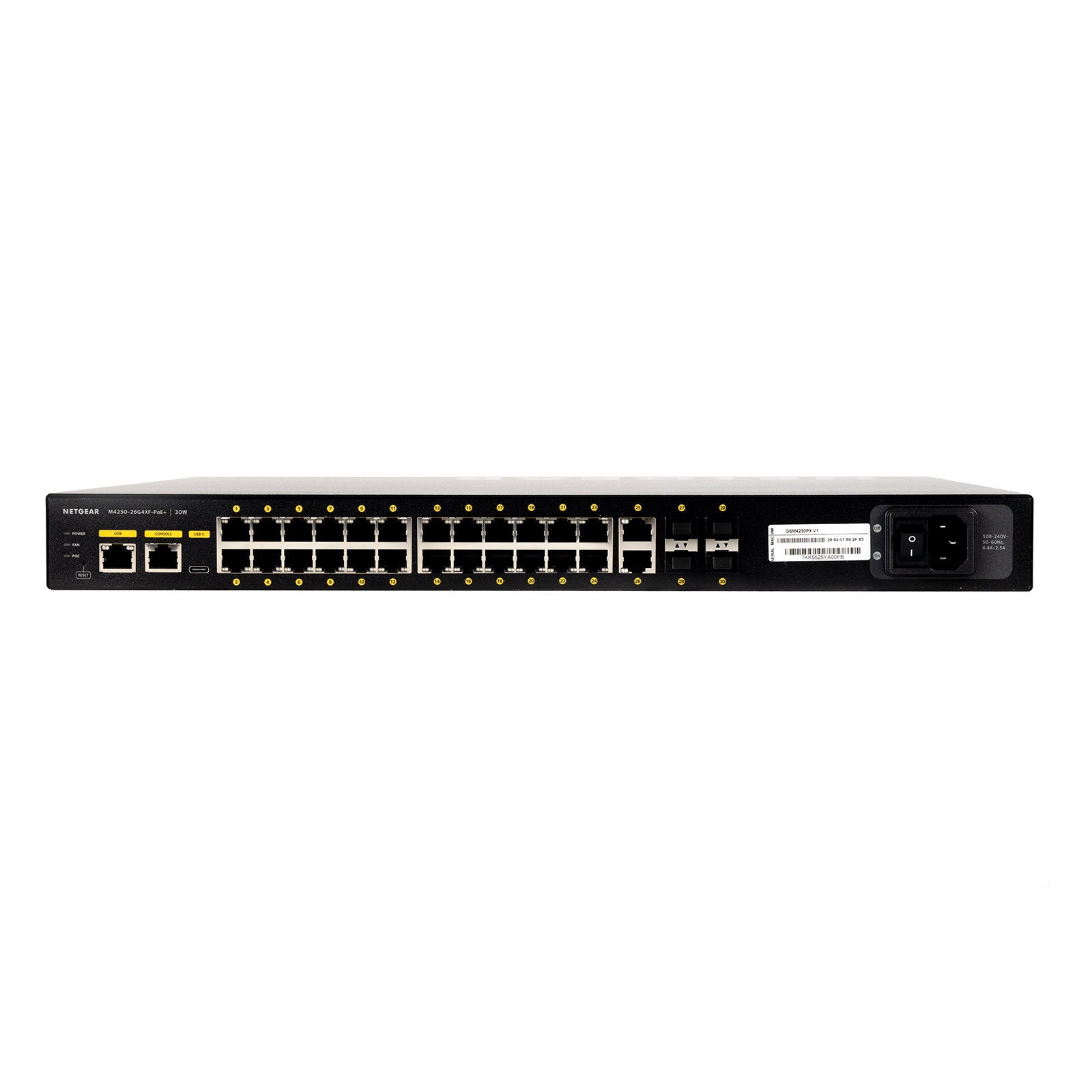 Netgear AV M4250-26G4XF-POE+ Managed Switch GSM4230PX - Back Panel and Connections