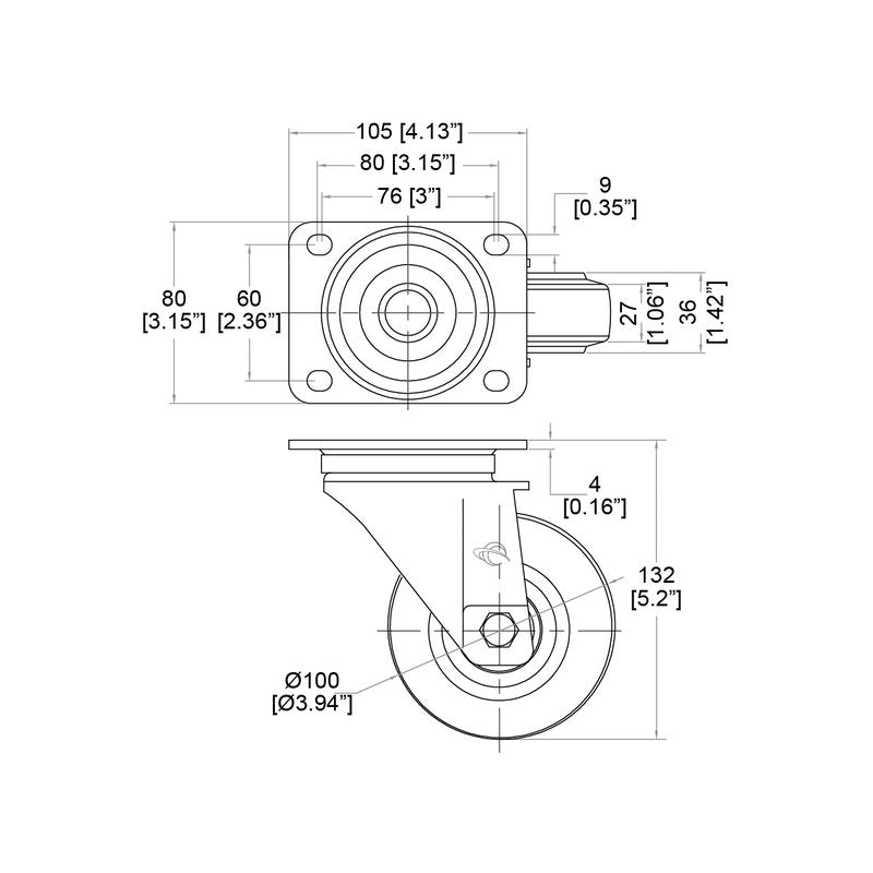 Penn Elcom 100mm Swivel Castor (W0990-V6) - Main View