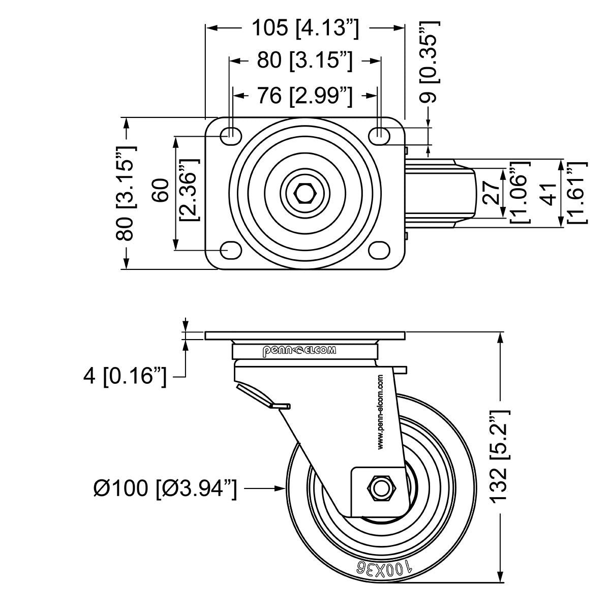 Penn Elcom 100mm Automatic Swivel Castor (W0990-AUTO) - Back Panel and Connections