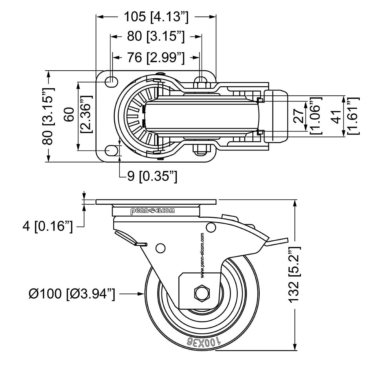Penn Elcom 100mm Automatic Swivel Braked Castor (W0985-AUTO) - Back Panel and Connections