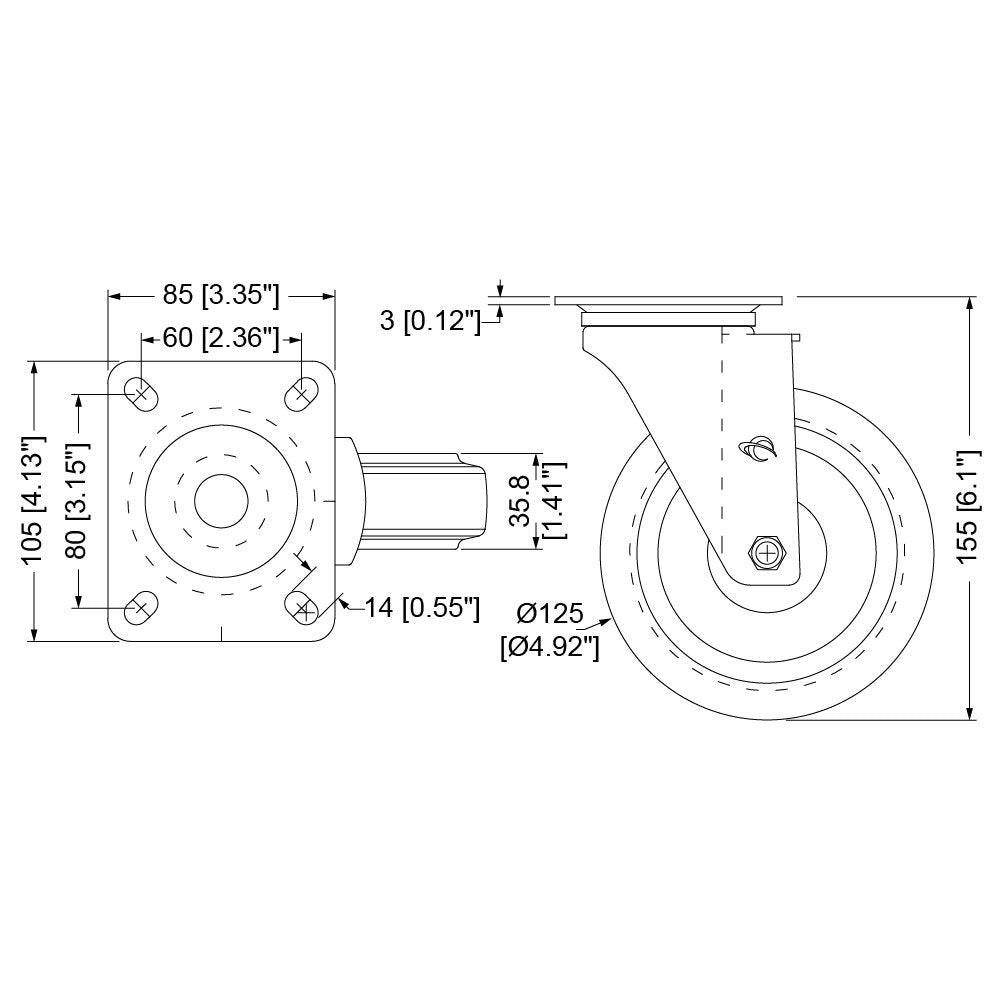 Penn Elcom 125mm Swivel Castor (W8992) - Back Panel and Connections