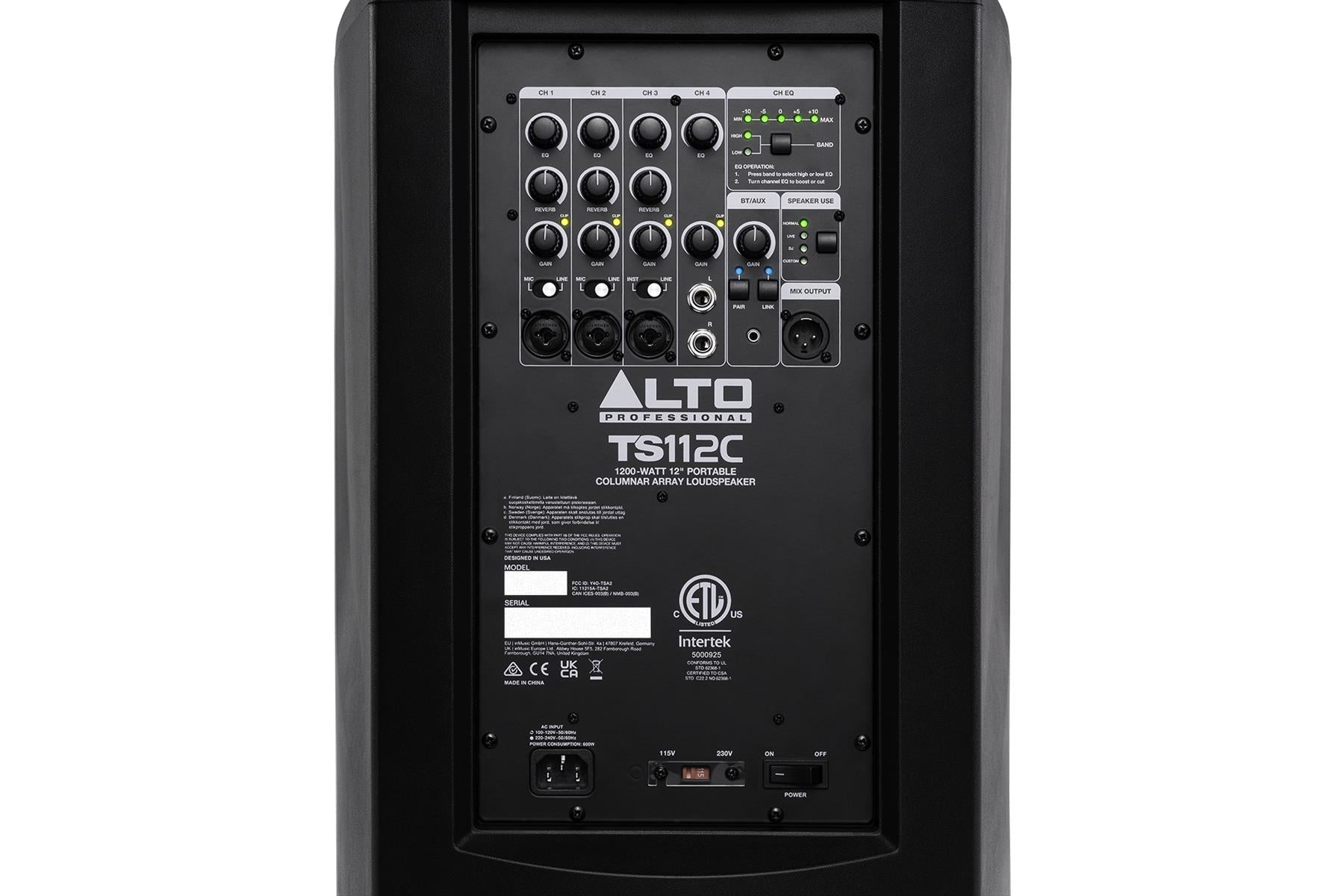 Back view of a Alto TS112C speaker with control panel on a white background