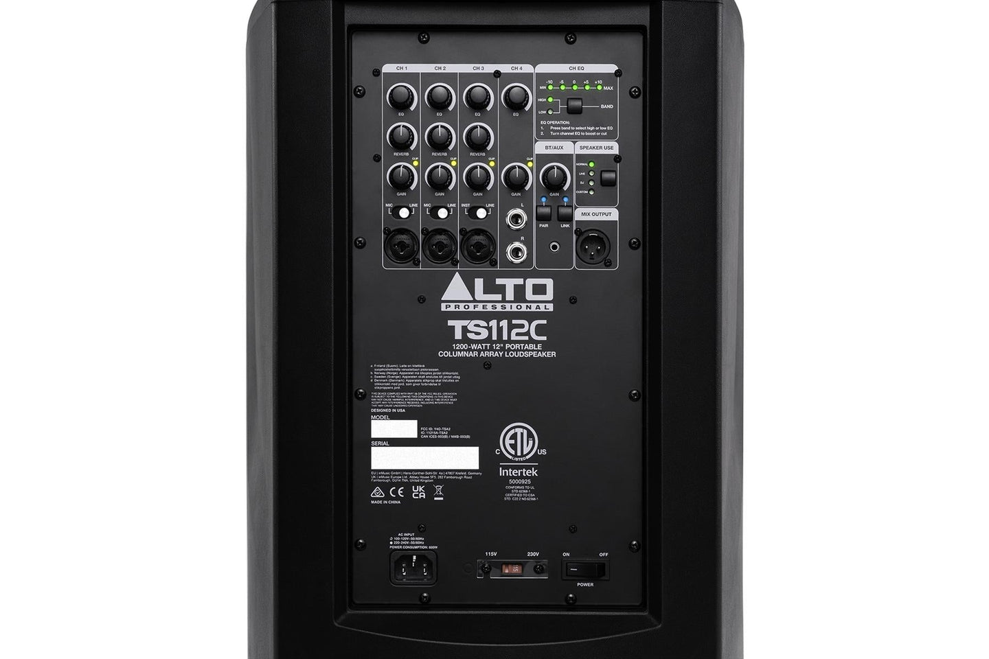 Back view of a Alto TS112C speaker with control panel on a white background